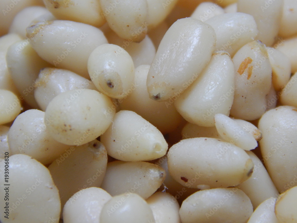 Pine nuts close-up, oval-shaped, peeled. Organic grains contain polyunsaturated fats and proteins. For dietary nutrition. Pine nuts close-up, oval-shaped, peeled. Organic grains contain polyunsaturated fats and proteins. For dietary nutrition.