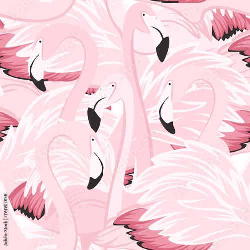 Exotic pink flamingo wading birds flamboyance colony regiment. Long neck, beak, body, feather detailed drawing. Seamless pattern. Vector design illustration for fashion, fabric, textile, decoration.
