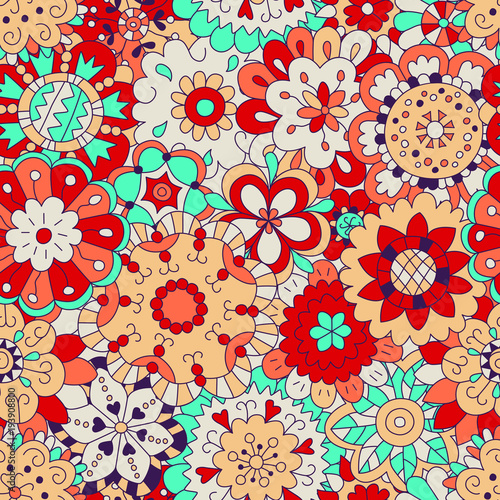 Flowers. Seamless pattern in doodle and cartoon style. Color. Vector. EPS 8