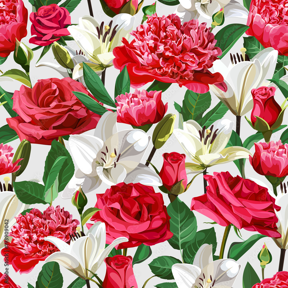 Seamless floral pattern on light background. Roses, Peonies and Lilium. Seamless floral pattern on light background. Roses, Peonies and Lilium.