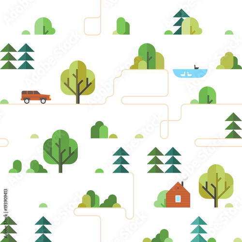 Seamless background - Forest. Forest trail. Travel by car through forest