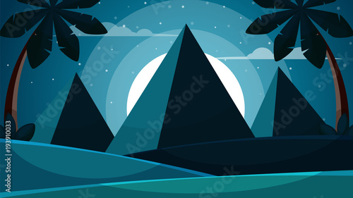 Cartoon egypt landscape. Pyramid, sun, palm illustration Vector eps 10