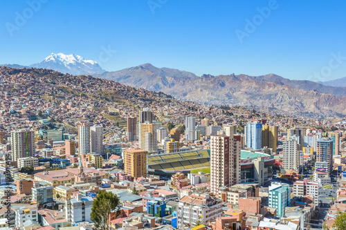 View of the Stadium of La Paz city from Killi Killi balcony in Bolivia, South America photo