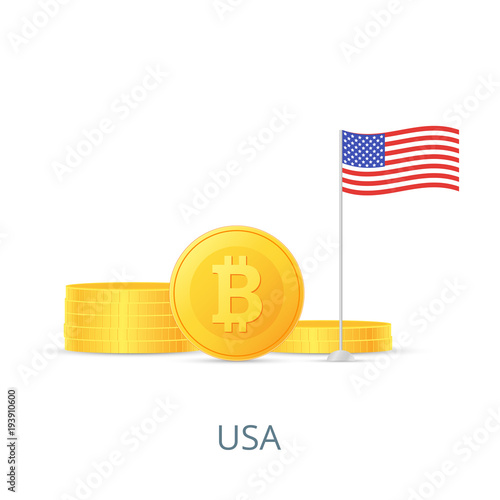 The concept of legalization of crypto currency in different countries. Gold coins bitcoins. Flag of USA. Vector illustration
