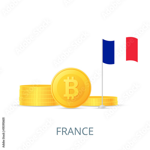 The concept of legalization of crypto currency in different countries. Gold coins bitcoins. Flag of France. Vector illustration