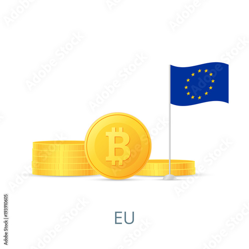 The concept of legalization of crypto currency in different countries. Gold coins bitcoins. Flag of European Union. Vector illustration