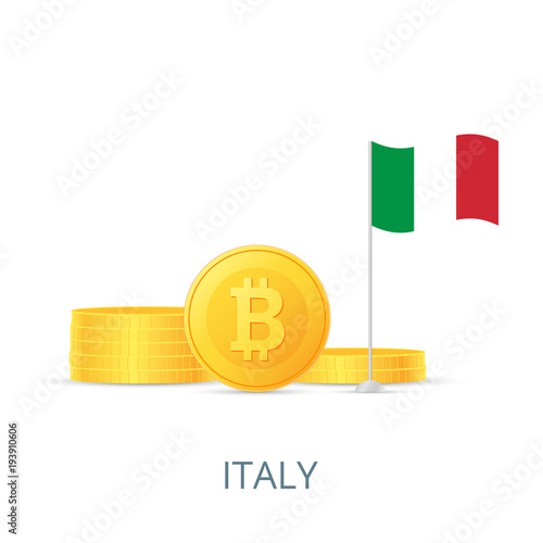 The concept of legalization of crypto currency in different countries. Gold coins bitcoins. Flag of Italy. Vector illustration