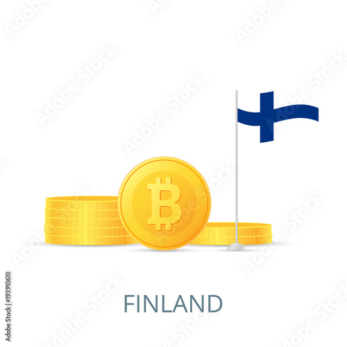 The concept of legalization of crypto currency in different countries. Gold coins bitcoins. Flag of Finland. Vector illustration