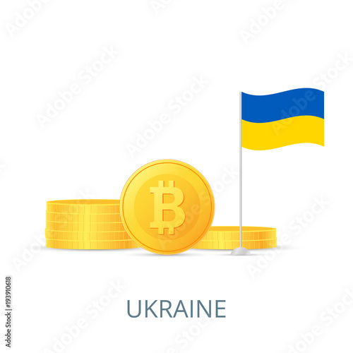 The concept of legalization of crypto currency in different countries. Gold coins bitcoins. Flag of Ukraine. Vector illustration