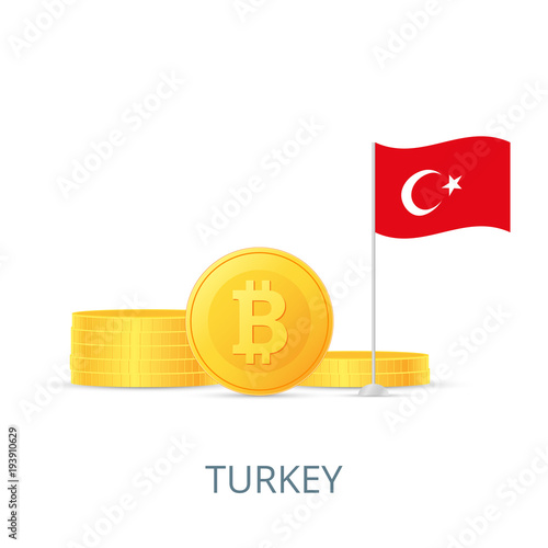 The concept of legalization of crypto currency in different countries. Gold coins bitcoins. Flag of Turkey. Vector illustration