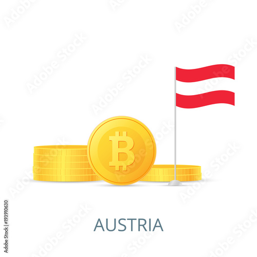 The concept of legalization of crypto currency in different countries. Gold coins bitcoins. Flag of Austria. Vector illustration