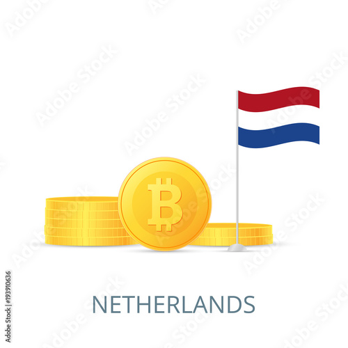 The concept of legalization of crypto currency in different countries. Gold coins bitcoins. Flag of Netherlands. Vector illustration