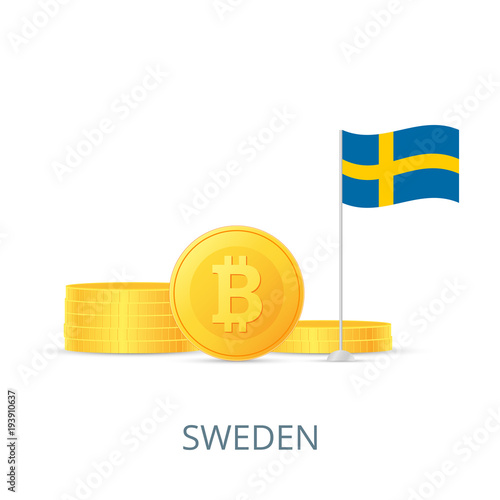 The concept of legalization of crypto currency in different countries. Gold coins bitcoins. Flag of Sweden. Vector illustration