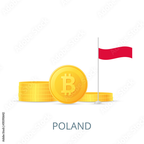 The concept of legalization of crypto currency in different countries. Gold coins bitcoins. Flag of Poland. Vector illustration