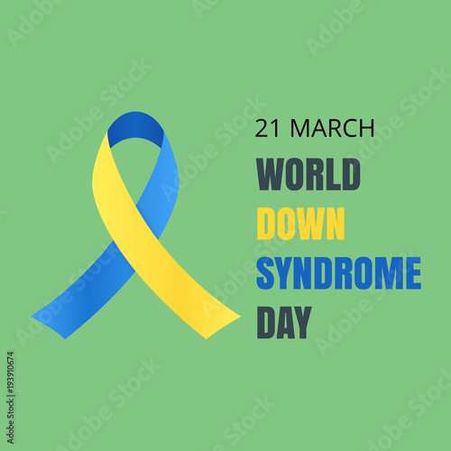 World Day of Down Syndrome. Yellow-blue ribbon isolated on green background. Vector illustration