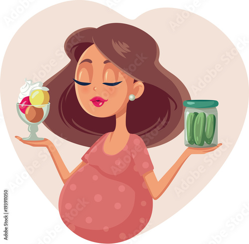 Pregnant Woman Choosing Between Ice Cream and Pickles Cartoon Illustration