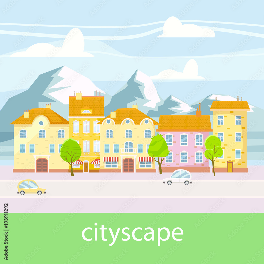 Cute cityscape, beautiful houses, mountains, cartoon style, isolated, vector, illustration