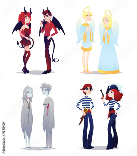 Halloween characters. Young couples in costumes of vampires, mummies, wizards, zombies. Vector.