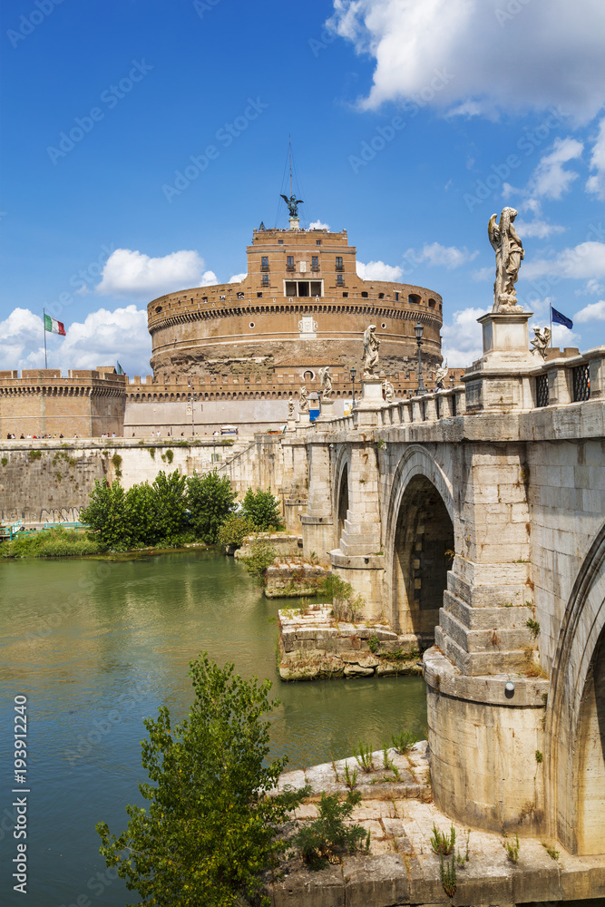 View of the Castel Sant'angelo or Mausoleum of Hadrian and Ponte Sant'angelo, Rome, Italy