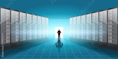 Vector Realistic Server room illustration, man silhouette in the door with light and shadow effect.