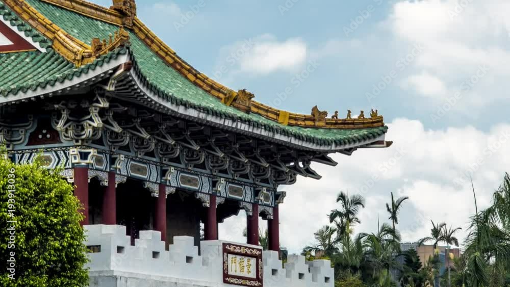 Hyperlapse of the street with East Gate of Taipei in Taiwan at day with clouds. Historical site Timelaps. Jingfu Gate-Dan Hyperlapse of the street with East Gate of Taipei in Taiwan at day with clouds. Historical site Timelaps. Jingfu Gate-Dan