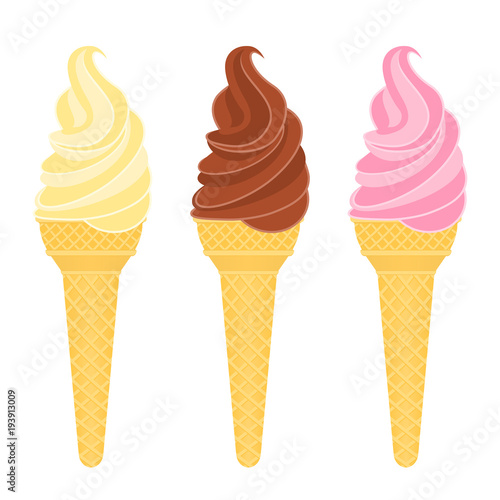 Vector illustration of waffle ice cream cones with vanilla, chocolate and strawbery flavors, isolated on white background.