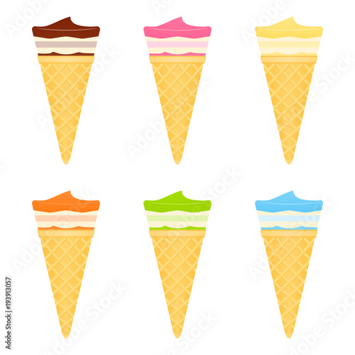 Vector illustration of waffle ice cream cones with different flavors isolated on white background.