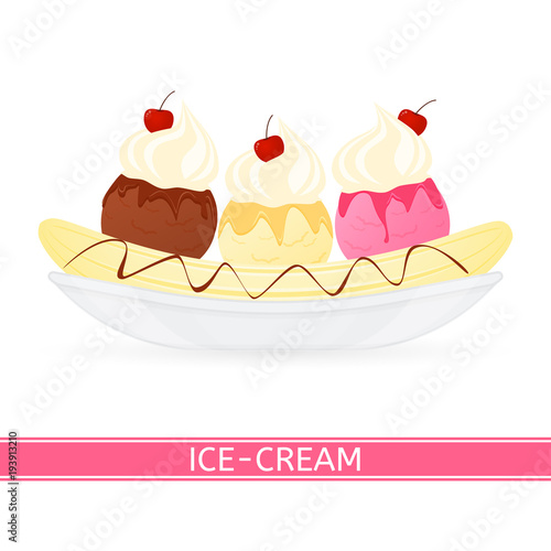 Vector illustration of banana split isolated on white background. Ice cream dessert with syrop and cherry.