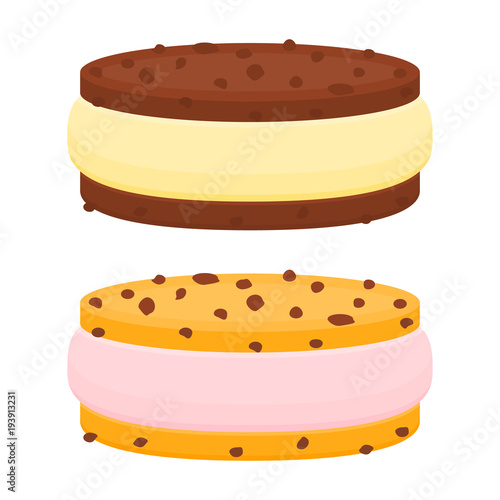 Vector illustration of chocolate chip cookie ice cream sandwich isolated on white background.