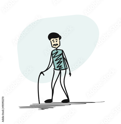 Old man character. An elderly man walking cane. Cartoon Hand Drawn Sketch Vector Background.