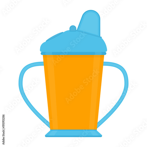 Baby sippy cup isolated on white background. Vector illustration of toddler feeding equipment. Baby care supplies