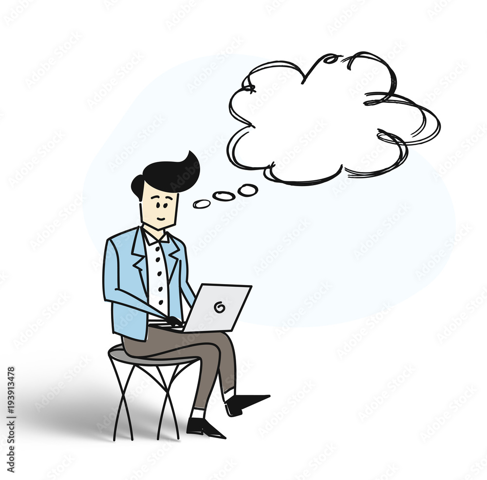 Business man sitting in chair and working on laptop with thinking bubble. Flat design. Cartoon Hand Drawn Sketch Vector Background. Business man sitting in chair and working on laptop with thinking bubble. Flat design. Cartoon Hand Drawn Sketch Vector Background.