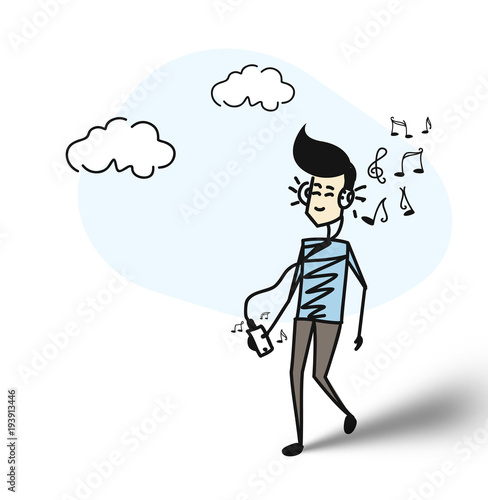 Wallpaper Mural Man listening to music with headphones showing the notes at his back. Flat design. Cartoon Hand Drawn Sketch Vector Background. Torontodigital.ca