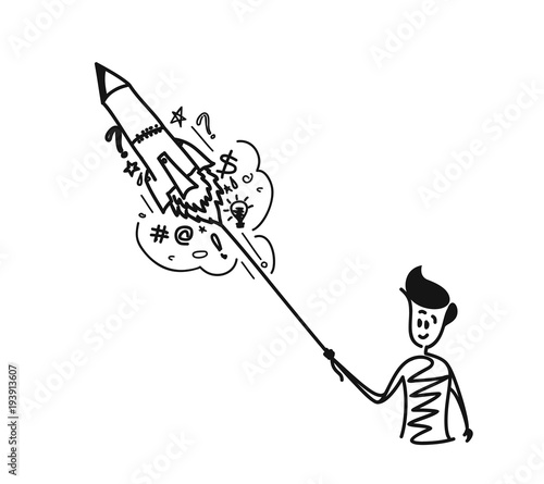 Man raunching rocket with doodles element, Cartoon Hand Drawn Sketch Vector illustration.