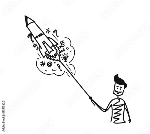 Man raunching rocket with doodles element, Cartoon Hand Drawn Sketch Vector illustration.