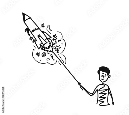 Man raunching rocket with doodles element, Cartoon Hand Drawn Sketch Vector illustration.