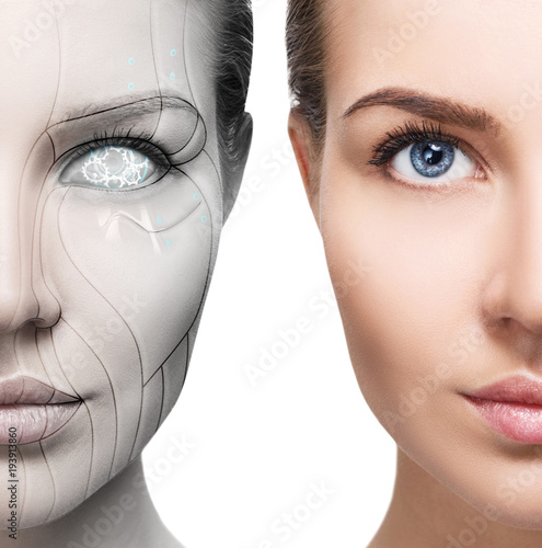 Foto Cyborg woman with machine part of her face.