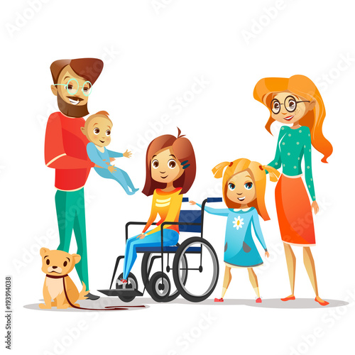 Family and handicapped child vector illustration. Disabled girl in wheelchair surrounded by happy mother and father, sister and baby brother with dog pet for children disability people concept