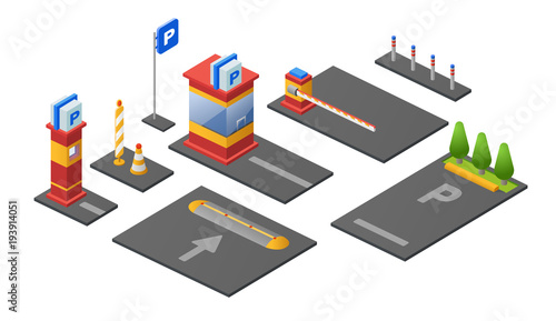 Parking lot isometric 3D vector illustration icons of checkpoint ticket booth or parkomat barrier, car lots and direction marking signs. Isolated sections outdoor parking on white background