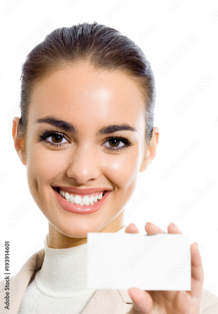 Businesswoman showing blank business card, isolated Businesswoman showing blank business card, isolated