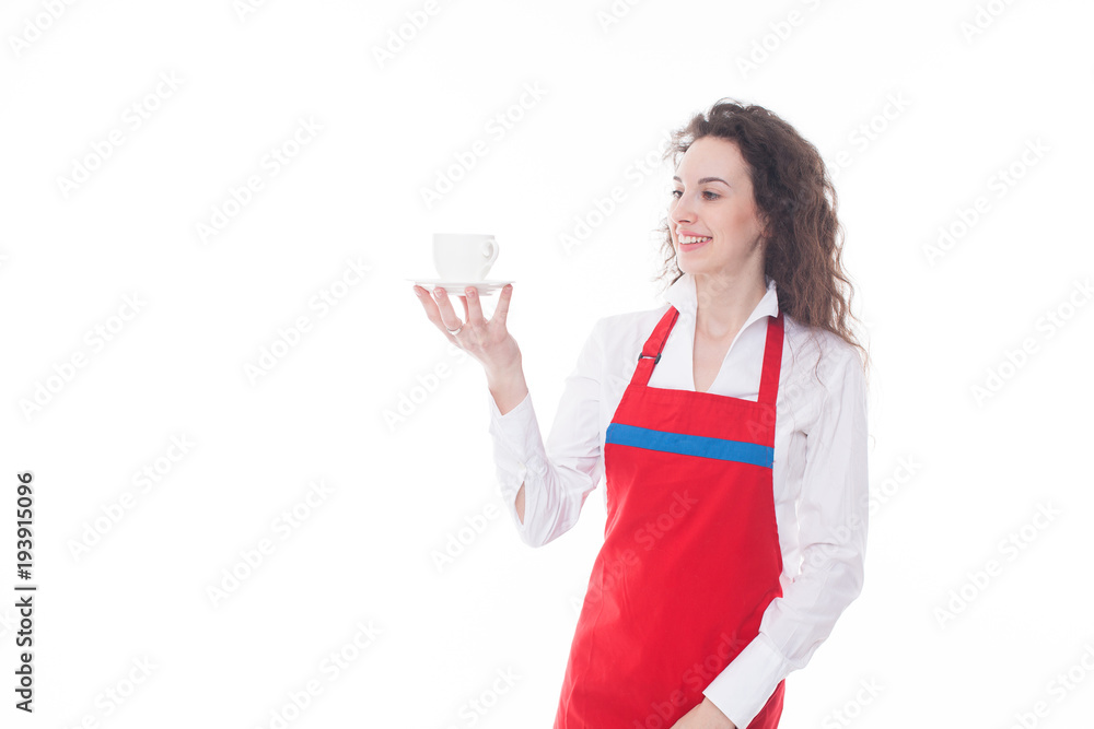 Young chef or waiter woman posing, wearing apron isolated on white background. Barista cafe coffee uniform. Young chef or waiter woman posing, wearing apron isolated on white background. Barista cafe coffee uniform.