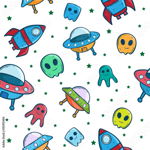 spaceship ufo cartoon seamless pattern © twelve.std
