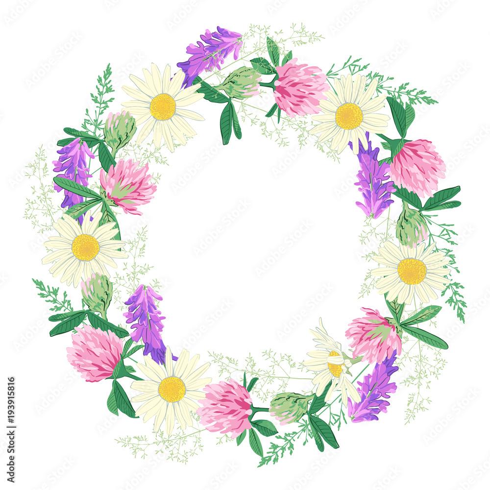 Wildflowers wreath isolated on white