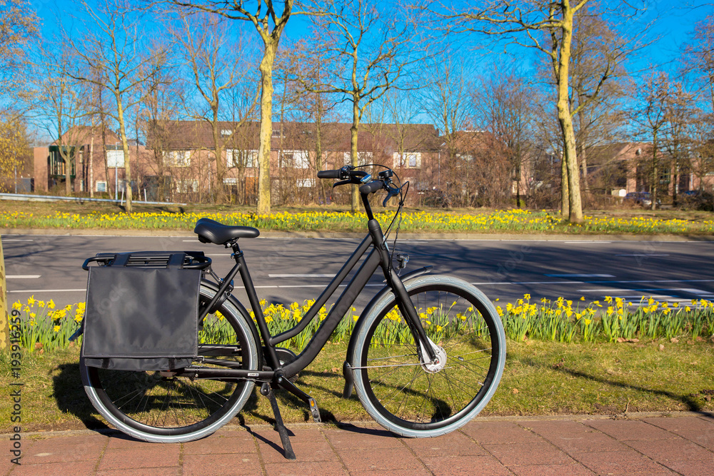 Fototapeta premium The bicycle stands on a bicycle path near the highway.