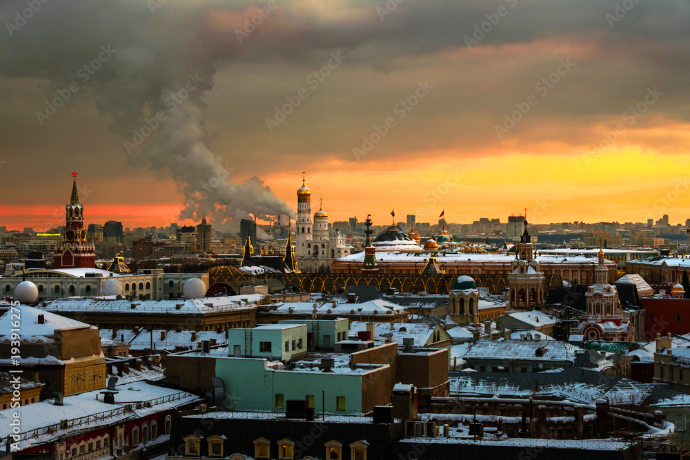 Aerial view of popular landmarks in Moscow, Russia at sunset