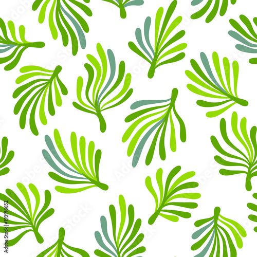 Green seaweed leaves on white underwater floral seamless pattern, vector