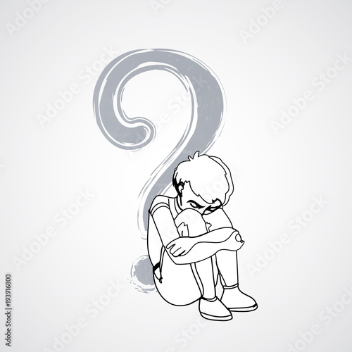 Child, boy, teen, teenager sitting frustrated, question sign, symbol. Vector outlined illustration. White image, gray background.