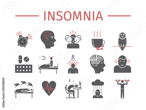 Insomnia, Symptoms. Flat icons set. Vector signs for web graphics.