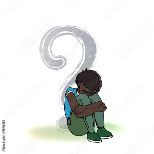 Dark skinned child, boy, teen, teenager sitting frustrated, question sign, symbol. Vector outlined illustration. Colored image, white background.
