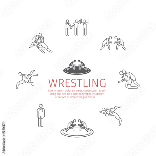 Wrestling banner. Line icons. Greco-Roman. Vector sports signs.